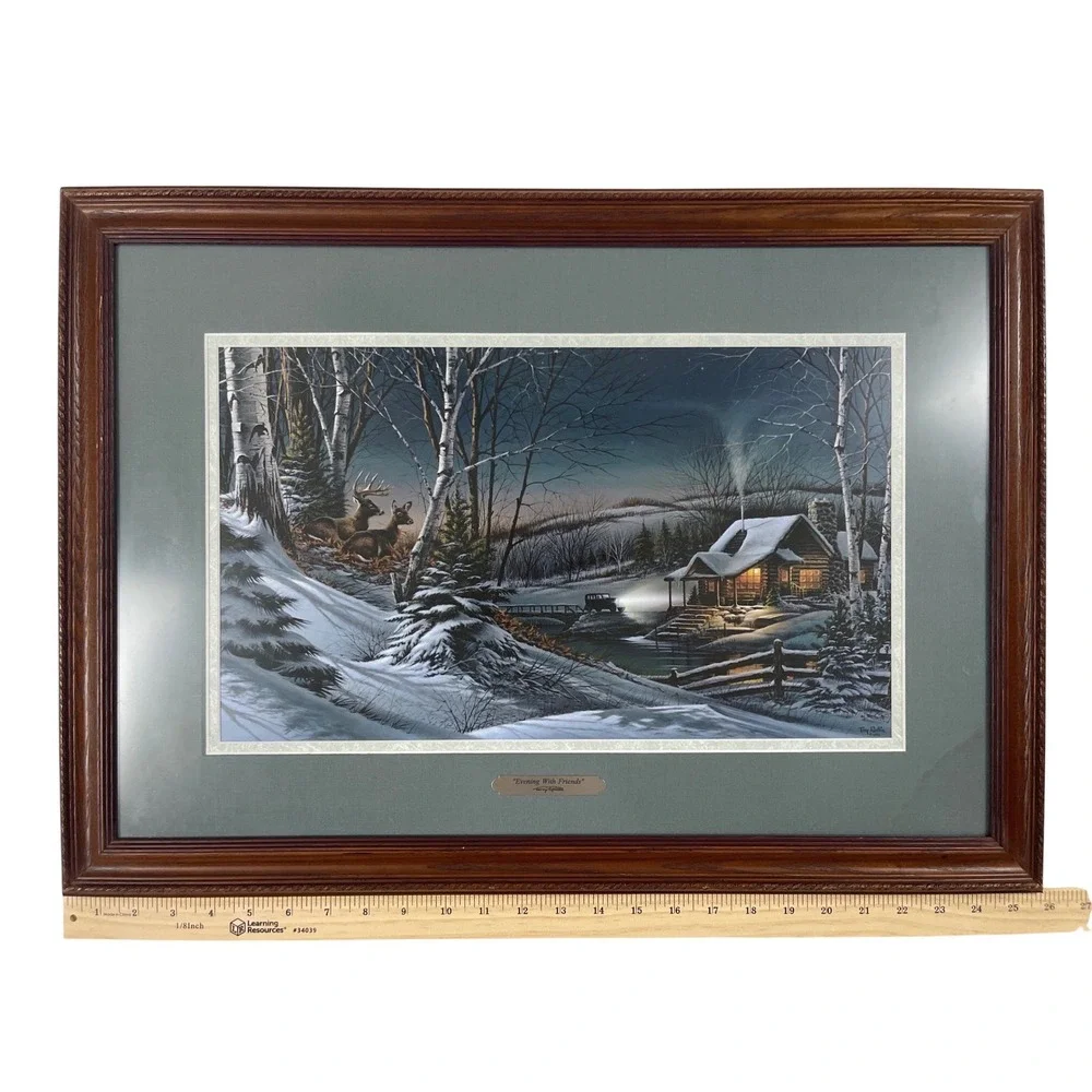 Terry Redlin Evening With Friends Framed Art Print 1989 Winter Cabin Deer Scene - Picture 2 of 8